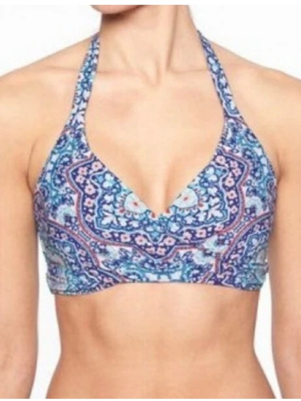 Athleta Monaco Wrap Bikini Top Halter Size 34 D/DD Blue print